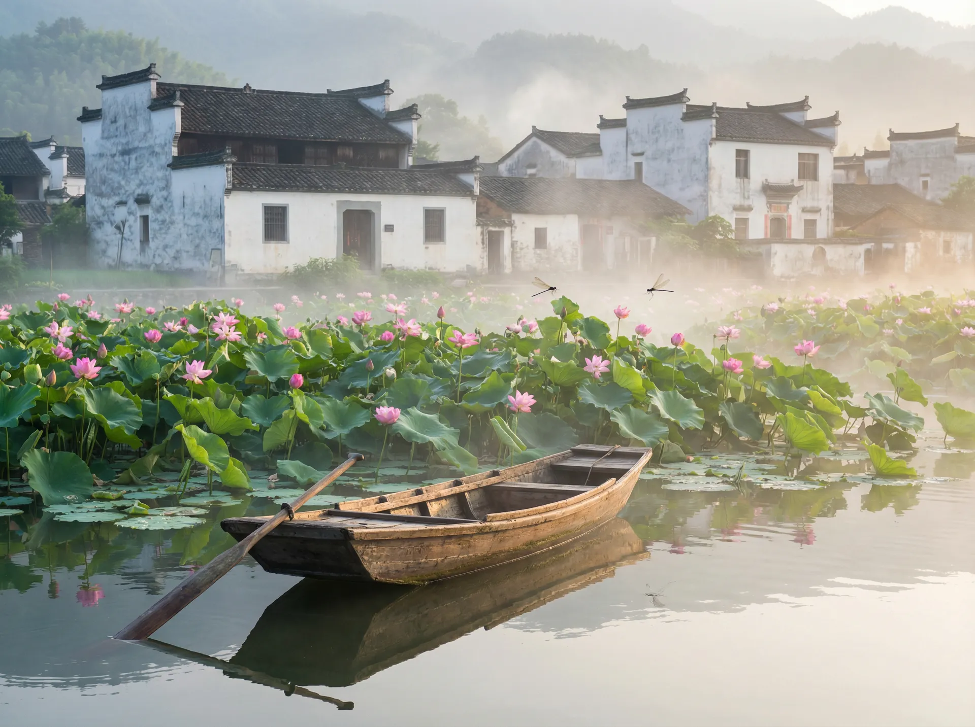 清晨荷塘小舟，粉色荷花盛开，白墙黑瓦的村庄 - 两个人看的视频www在线中文 水乡风情